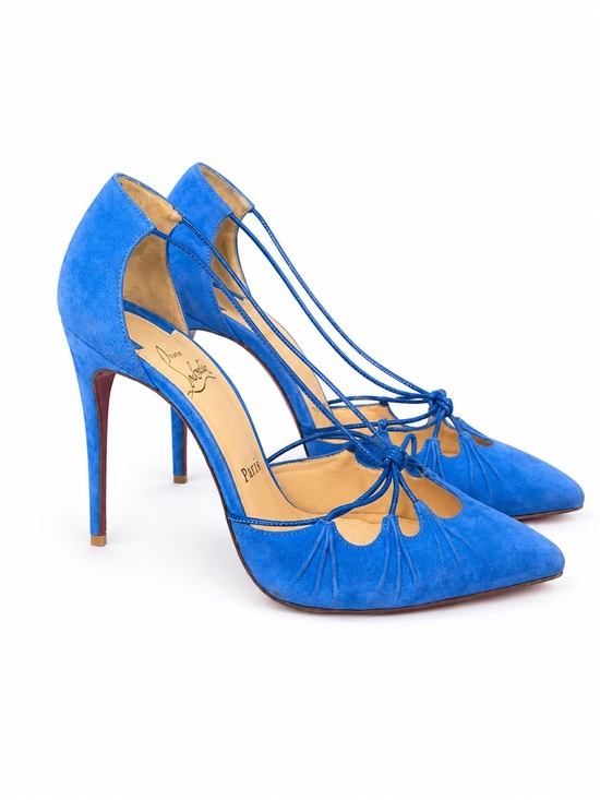 Christian Louboutin Electric Blue Suede T-Strap Pointed-Toe Heels